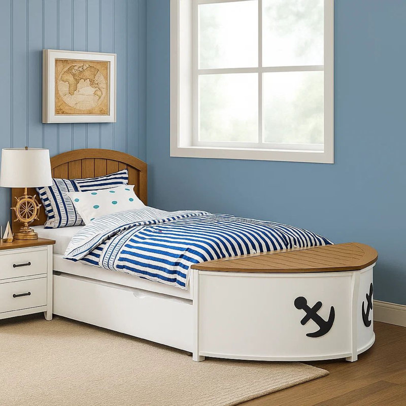Benjara Evon Twin Captain Bed W Trundle, White, Oak Brown